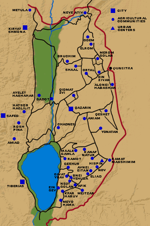 Golanhjderne med byer, kibbutzer og moshavim