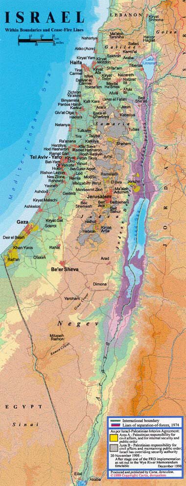 Kort over Israel, Vestbredden, Samaria, Juda, Golan og Gazastriben