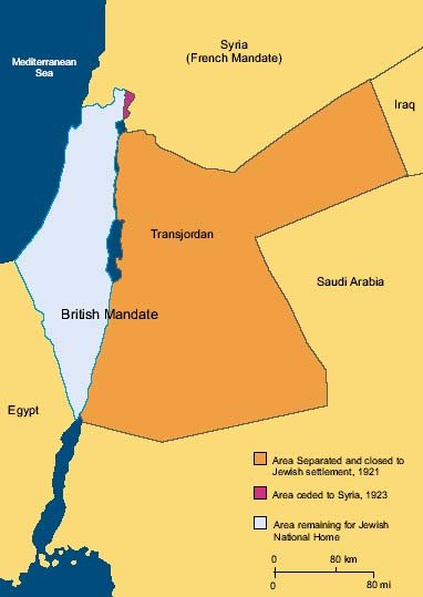 Kort med det engelske mandatomrde, Palstina og Transjordanien